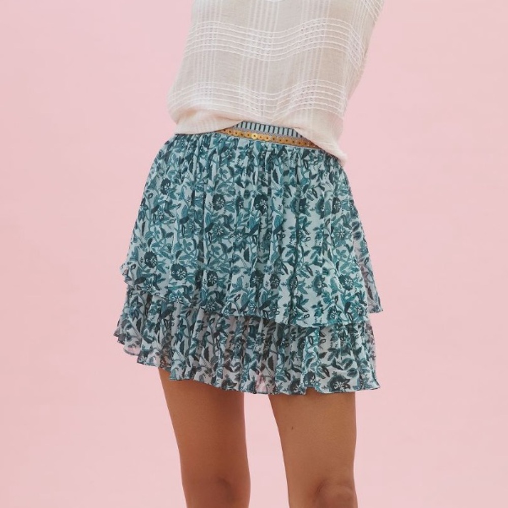 NWT - Anthropologie Nikasha turquoise floral tier short skirt with beading.